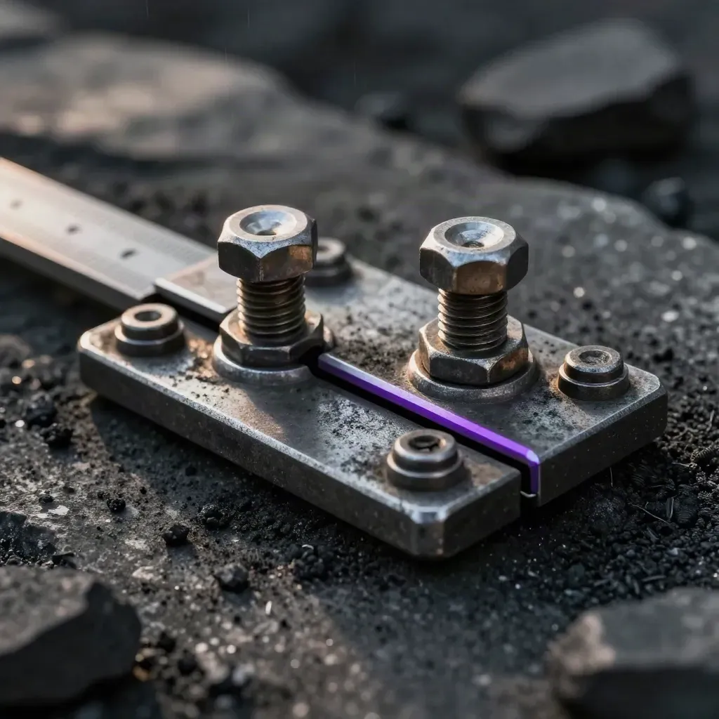 Rail fastening plate, bolts and gauge block on dark stone, rim lit with a violet edge.