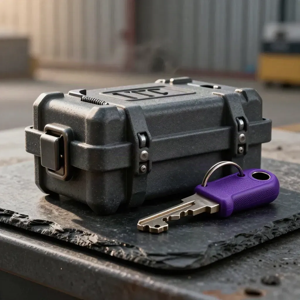Macro still life of a dispatch cradle, sealed route marker, and dock key on dark slate.