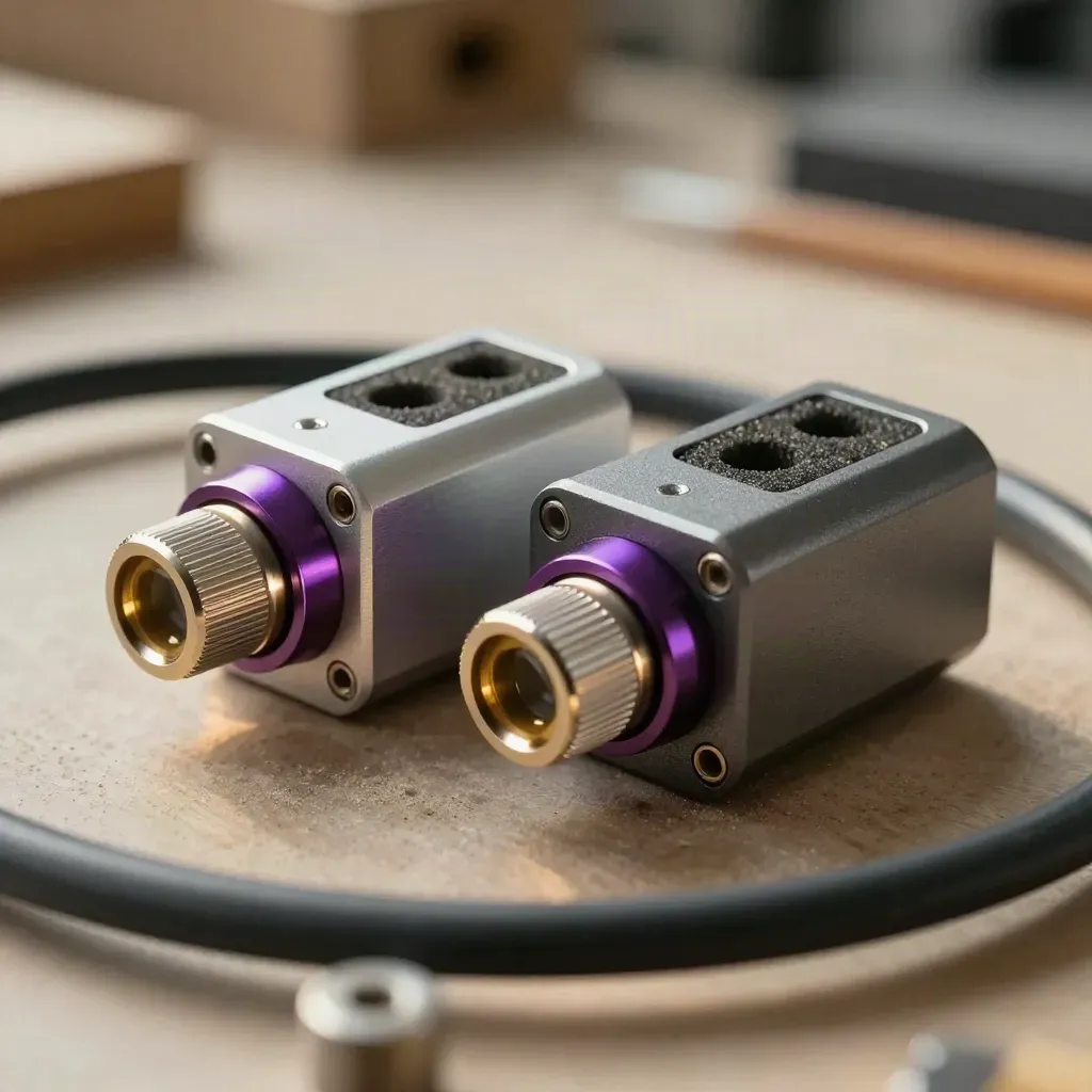 Macro of sensor housings, connector plugs and foam inserts on a workshop bench, seen through blurred cable