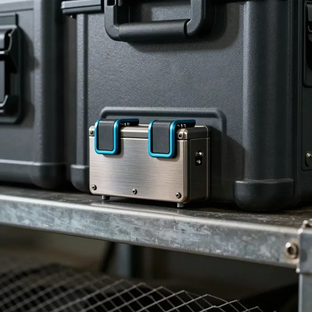 Macro of dispatch caddy, battery dock, and route seals on brushed steel in moody industrial light.