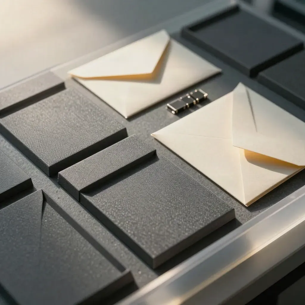 Anti-static trays, chip carriers, and sample envelopes in a clean grid under skimming light.