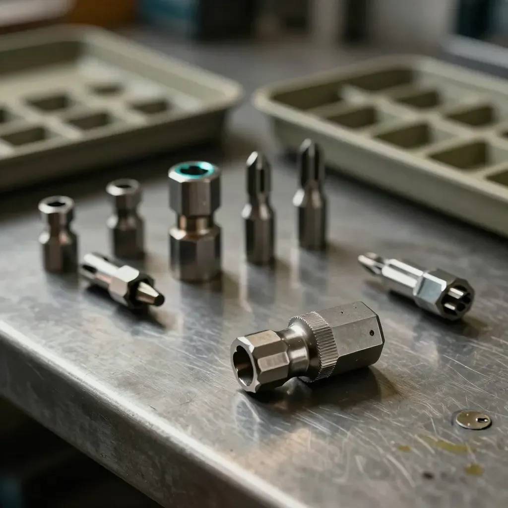 Machined connector shells and torque bits on brushed metal in moody workshop light.