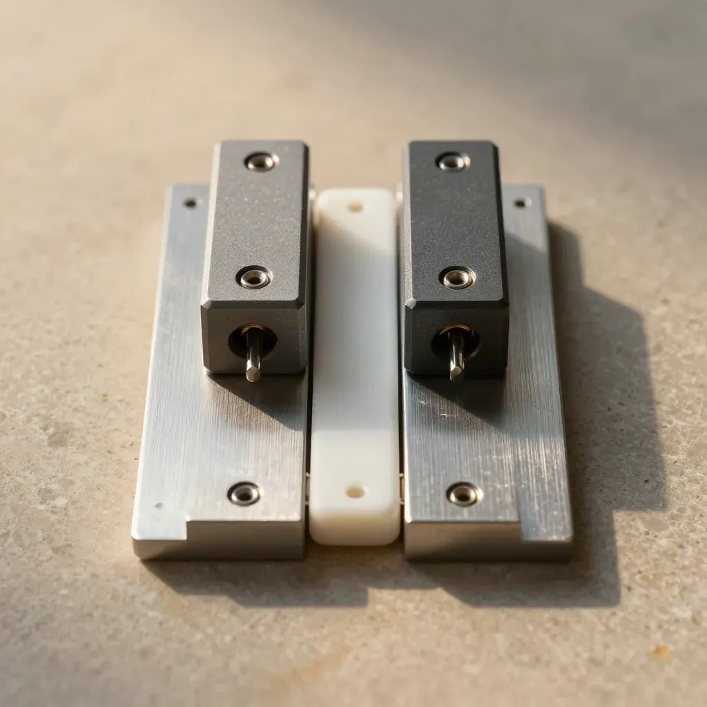 Top-down still life of connector blocks and brushed steel plates aligned on warm limestone.