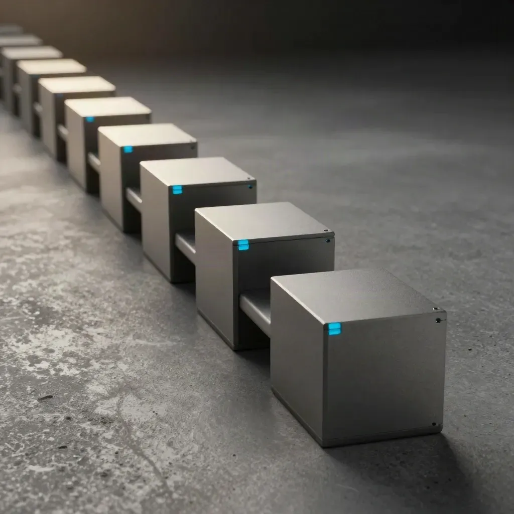 Graphite modular blocks linked by gasket spacers on concrete, lit by raking light