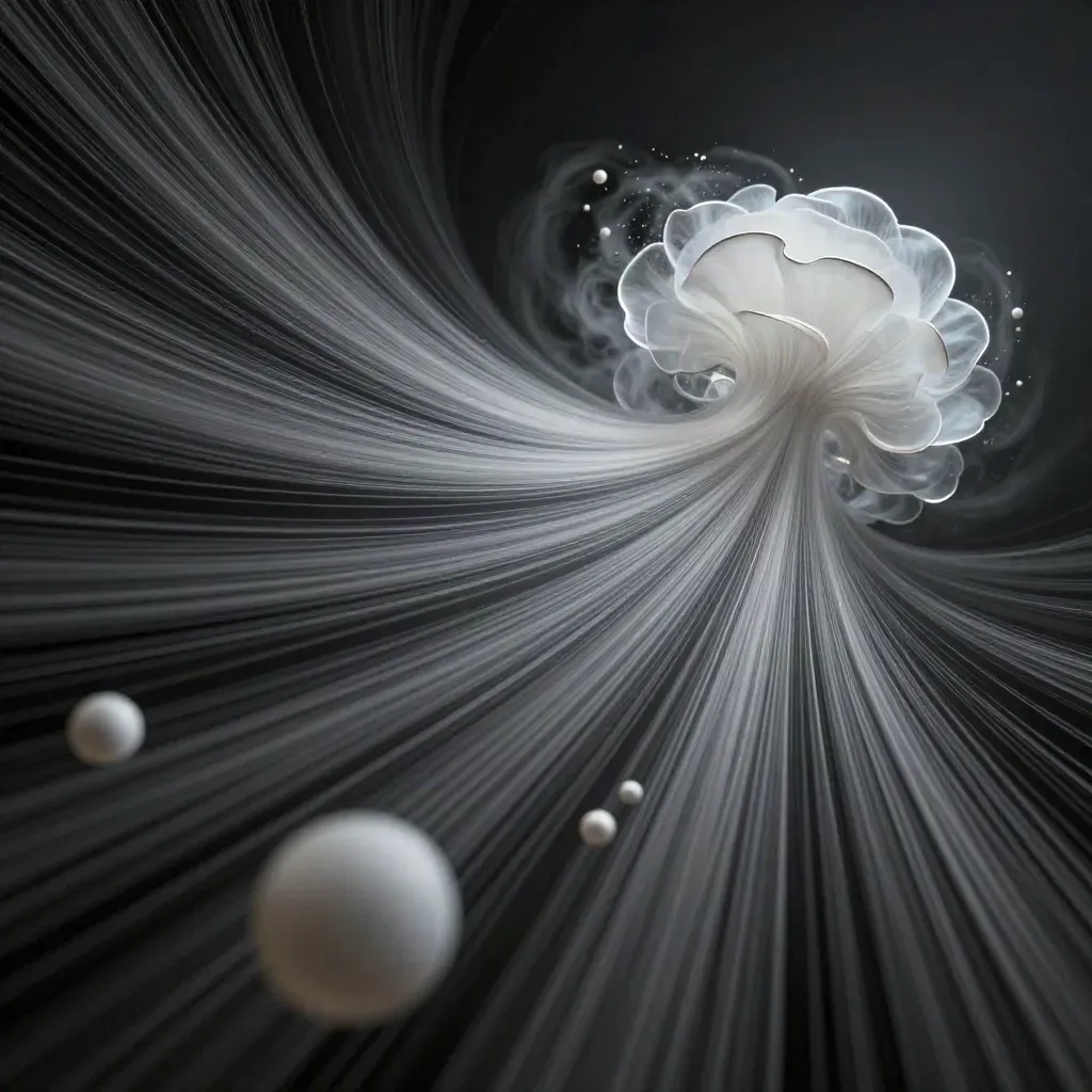 Silver filaments converge into a soft white bloom in a dark abstract void.