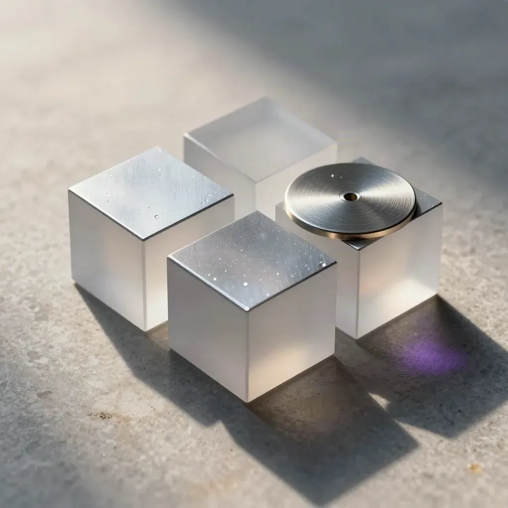 Frosted cubes, aluminium tiles and a spacer disk on pale stone with soft daylight.